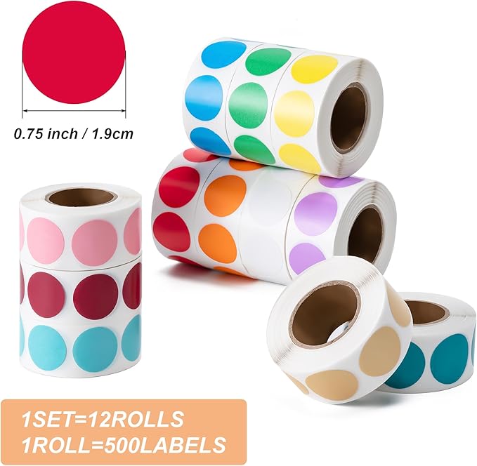 Hoewina 3/4" Label Sticker, 6000 Pcs Colored Dot Stickers, Round Color Coding Labels Circle Dots Labels Circle Stickers for Office,Classroom,Family（Etc - 12 Colors, 500 Labels/Roll）