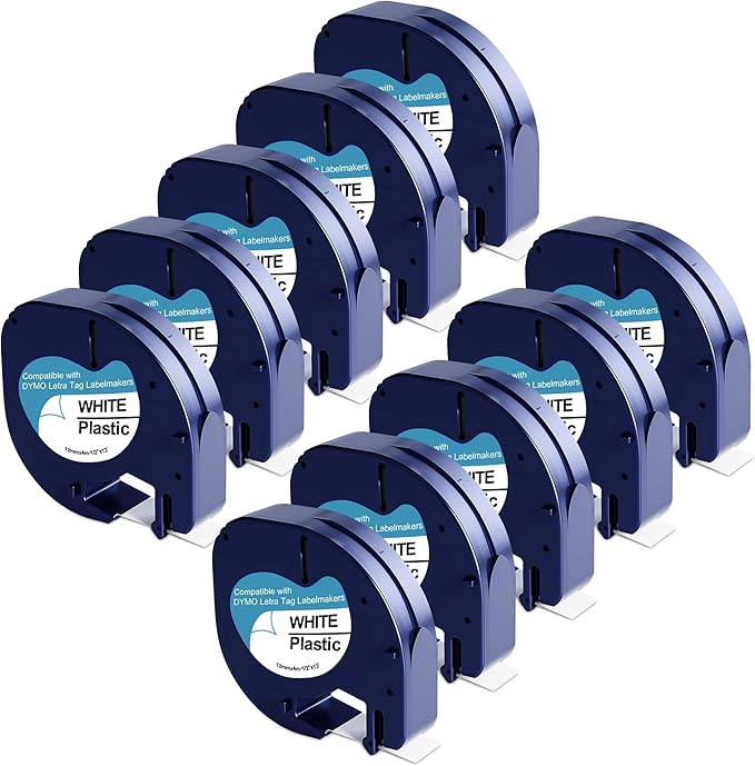 10-Pack 91331 Plastic White Label Tape Replacement for Dymo Letratag Refills 12mm x 4m 1/2 Inch x 13 Feet Work with DYMO LetraTag LT-100H LT-100T QX50 Label Makers
