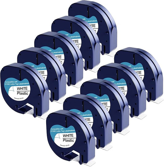 10-Pack 91331 Plastic White Label Tape Replacement for Dymo Letratag Refills 12mm x 4m 1/2 Inch x 13 Feet Work with DYMO LetraTag LT-100H LT-100T QX50 Label Makers