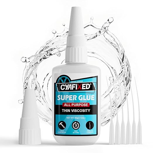 Thin Super Glue 60 Gram, All Purpose Clear Liquid CA Glue Repair Wood Ceramic Glass Plastic, Heavy Duty Cyanoacrylate Adhesive for 3D Print PLA Shoe Metal, Strong Bond and Instant Superglue