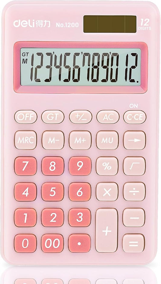 Deli Standard Function Basic Calculator, 12 Digit Desktop Calculator with Large LCD Display, Solar Battery Dual Power Office Calculators, Pink