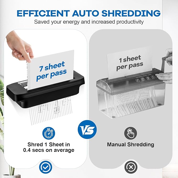 Paper Shredder for Home Use, 7 Sheet Strip Cut Small Paper Shredder Without Basket for Home Office, Portable Shredder Extendable Arm Design with Overheat Protection,Jam Proof