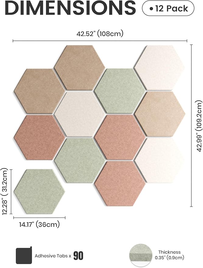 Fluxynara Extra Large 12-Pack Felt Bulletin Board Tiles, Boho | Cork Board Alternative with 90 Adhesive Tabs for Notes, Photos and Reminders in Home Offices, Dorm and Classrooms