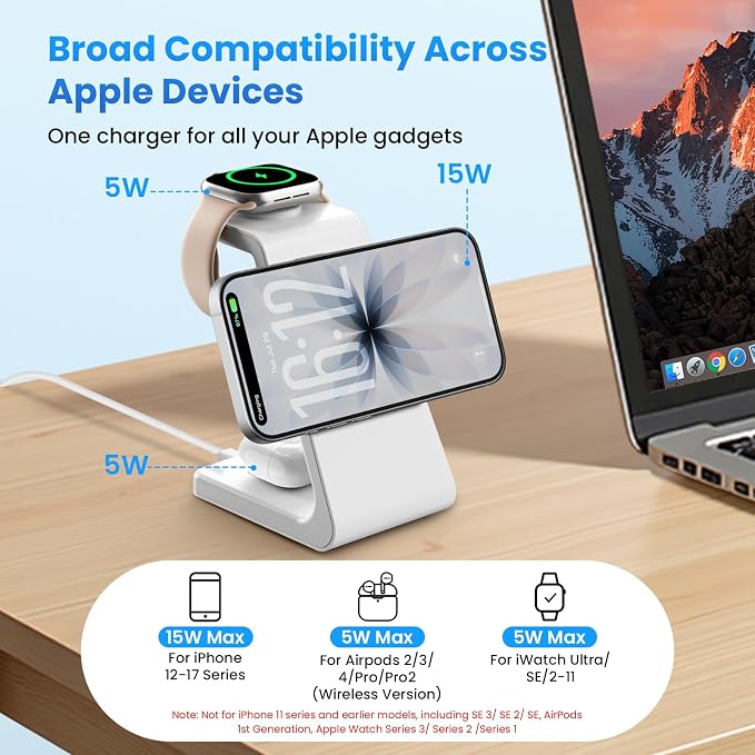 Magnetic Wireless Charging Station for iPhone: 3 in 1 15W Fast Charging for iPhone 17-12, Apple Watch & AirPods, N52 Magnets & 30W Adapter Included (Office/Bedside/Desk)