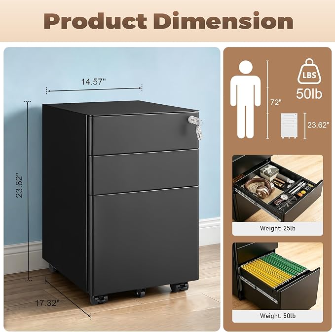 Approgreent Fully Assembled 3 Drawer File Cabinets for Home Office | Lockable Mobile Filing Cabinet with Anti-tipping Wheels, Fits A4, Letter & Legal Size Files & Folders, Matte Black