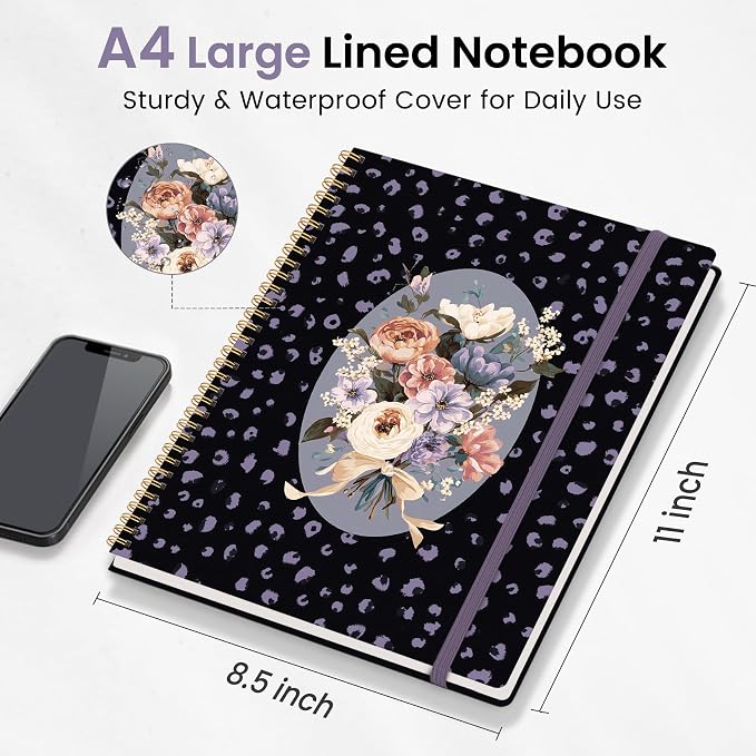 Large Spiral Lined Journal for Women and Men, Notebook for Work | Wild Bouquet 8.5" x 11" Notebooks for Note taking, Writing & Journaling, College Ruled Pages, Plastic Cover