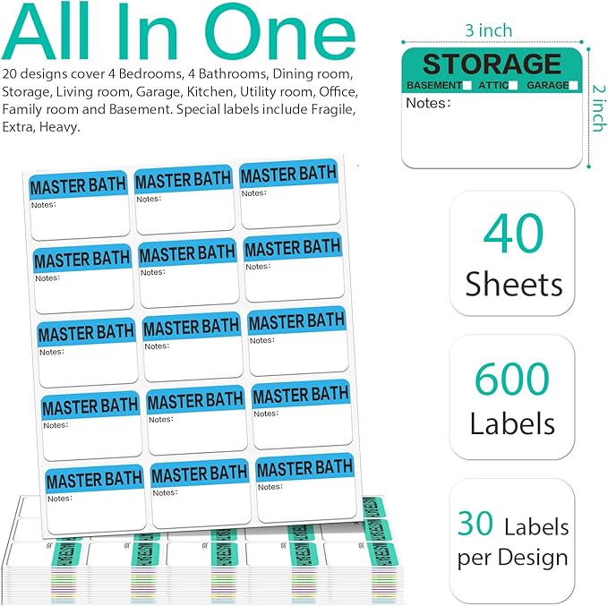 600 Count 3 x 2 Large Home Moving Packing Box Labels for 3-4 Bedroom House with Writable Notes Areas, 17 Color Coded Moving Labels for Boxes + Fragile Moving Stickers + Heavy and Blank Labels