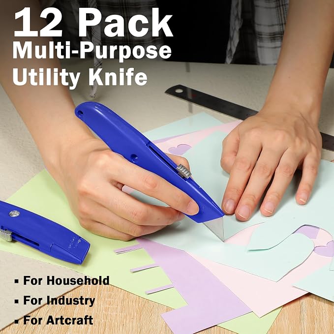 Lasnten 12 Pcs Box Cutter Bulk Retractable Utility Knife Heavy Duty Aluminum Alloy Carpet Knife Package Opener Cutter Blade for Cardboard Plastics Cartons DIY Home Warehouse Office(Blue)