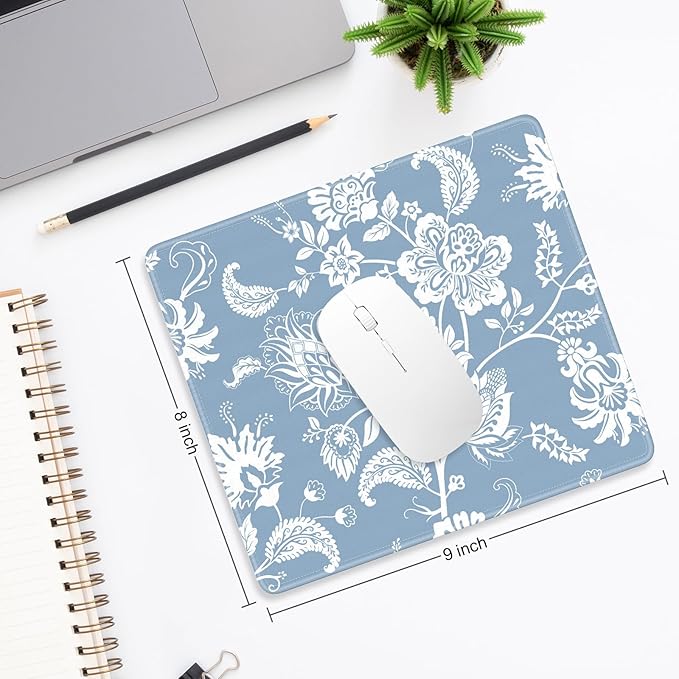 Mouse Pad, Minimalism Marble Style Computer Pad, Anti-Slip Rubber Mouse Mat with Stitched Edges for Gaming, Office, Laptop, PC, Women, 9" x 8" Thick 3 mm, Blue Flower