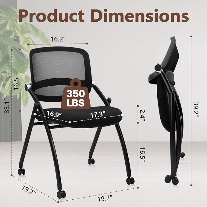 CLATINA Stackable & Foldable Conference Chair with Wheels, Ergonomic Mesh Back,300lbs Capacity, Breathable Padded Seat, Armless Office Chair for Reception, Training, Home Office, Black, 1PK