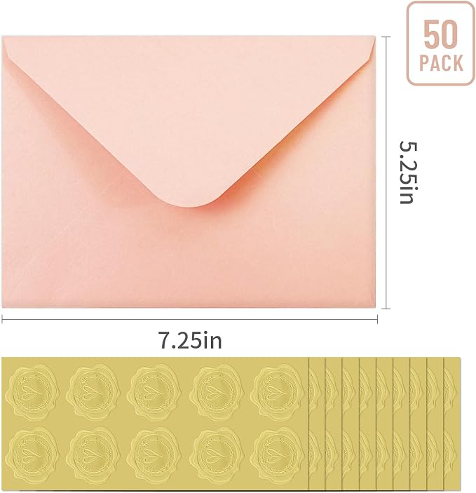 50 PCS Pink Colorful A7 Envelopes with Stickers, 5x7 Envelopes for Greeting Cards, Great for Invitations, Wedding Invitation, Birthday, Baby Shower, Graduation