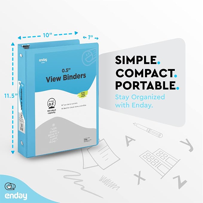 Enday 1/2 Inch Binder, Blue 3 Ring Binder, 0.5 Inch Heavy Duty Three Ring Binder, 100 Sheets Capacity - for Home School and Office