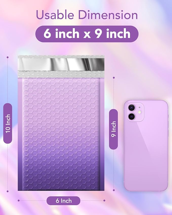 Metronic Bubble Mailers 6x10 Inch 100 Pack Usable Size 6x9'' Gradient Purple Bubble Mailer Waterproof Padded Envelopes for Gift Packaging, Mailing, Makeup, Small Items Bulk