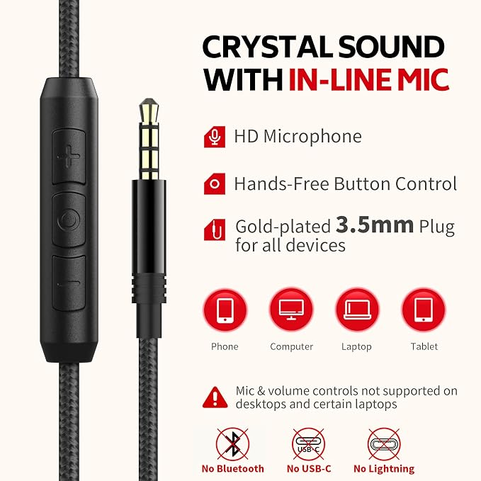 AC01 Over Ear Headphones Wired with Mic Volume Control, 3.5mm Jack | Corded Stereo Headsets for Adults Teens Kids Headphones for School Classroom Chromebooks Laptop Tablets Travel, Black Red