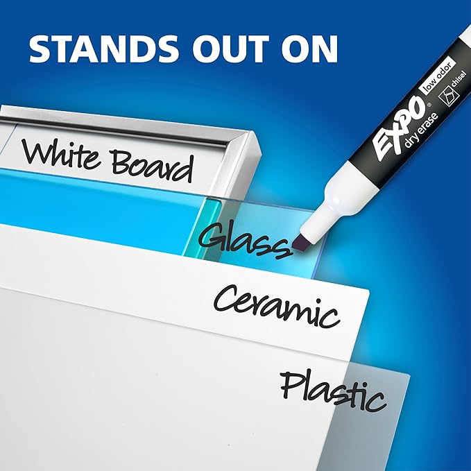 EXPO Dry Erase Markers, Low Odor Ink, Assorted Colors, Chisel Tip, 4 Count - Whiteboard, Calendar, Organization, Essential Supplies for Office, School, Classroom, Teachers
