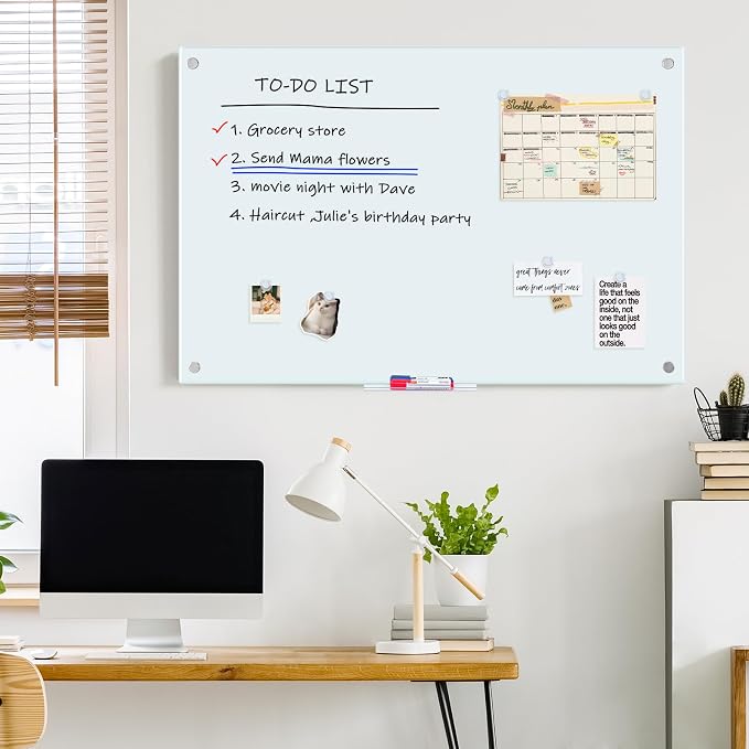 Maxtek Magnetic Glass Whiteboard 48 x 36 in, Frameless Glass Board for Wall | Large Glass Dry Erase Board, Strong Magnetic Surface, Includes Markers, Magnets, and Eraser for Classroom, Home, and Office