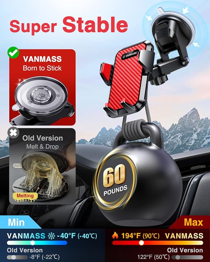 VANMASS 【85+LBS Strongest Suction & Military-Grade Ultimate Car Phone Mount | 【Patent & Safety Certs】 Cell Phone Holder for Dash Windshield Vent for iPhone 17 Pro Max Automobile Interior Sets,Red