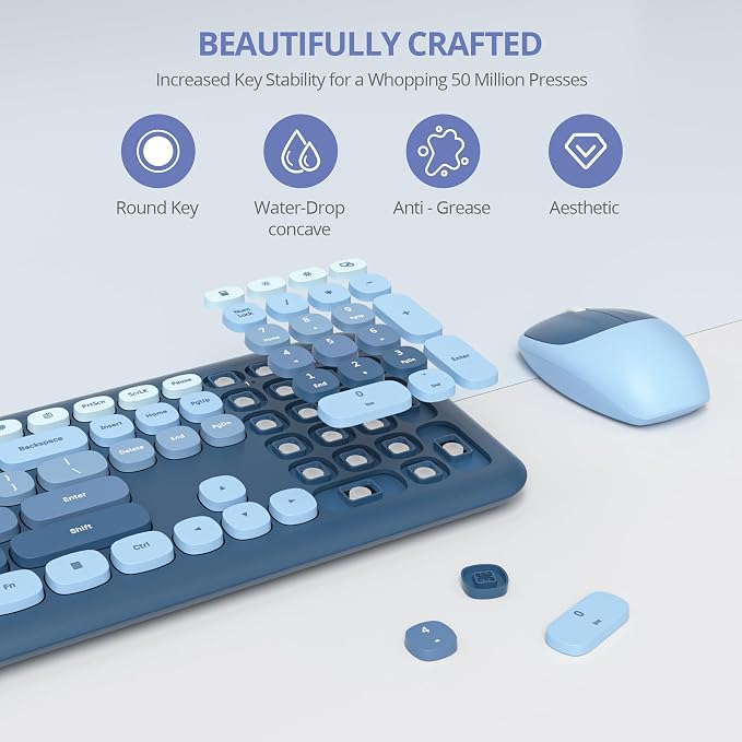 Surmen Cute Colorful Keyboard and Mouse Wireless Silent, Full-Size Retro Typewriter Wireless Quiet Slim Keyboard Low-Noise 2.4GHz for Computer, Desktop, Laptop(6-Ocean Blue)