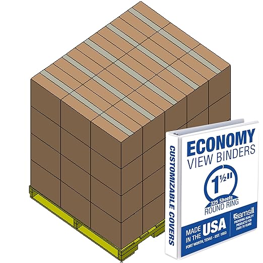 Samsill Economy 1.5 Inch 3 Ring Binder Bulk Pallet, Round Ring Binder, Customizable Clear View Cover, White, Pallet of 720 Binders in 60 Cartons