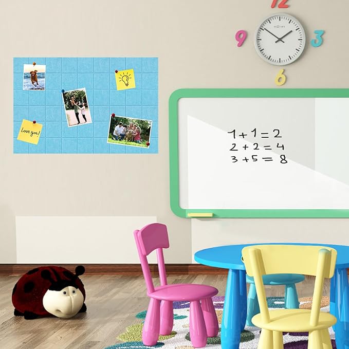 Large Square Felt Cork Board Tiles, Self Adhesive DIY Felt Bulletin Board Pin Board with 35 Pushpins for Office School Home Wall Decor Stickers Memos Photos Display (Sky Blue)