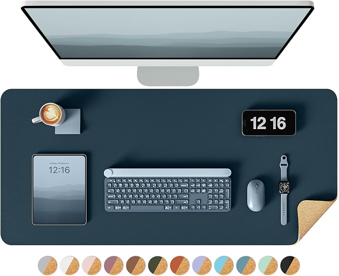 YSAGi Double-Sided Desk Pad, 35.4"x17"Leather Desk Mat, Eco Cork Desk Pad Protector,Large Mouse Pad,Waterproof Desk Blotter for Office/Home(Dark Blue)