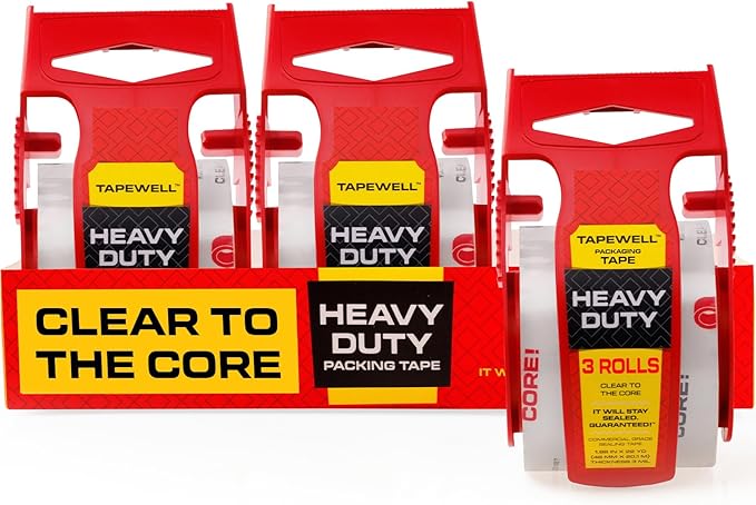 Heavy Duty Packing Tape with Dispenser 1.5" Core, Clear Shipping Tape for Boxes, Packaging, Mailing & Moving Supplies - 1.88 in. x 22.2 Pack of 3