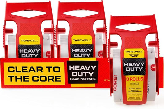 Heavy Duty Packing Tape with Dispenser 1.5" Core, Clear Shipping Tape for Boxes, Packaging, Mailing & Moving Supplies - 1.88 in. x 22.2 Pack of 3