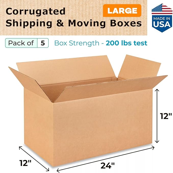 Large Shipping & Moving Boxes 24 x 12 x 12 inches (5-Pack) - Extra Strength 200 lb vs Regular - USA-Made Corrugated Cardboard Boxes Moving - Large Moving Box for USPS, FEDEX by IDL Packaging -