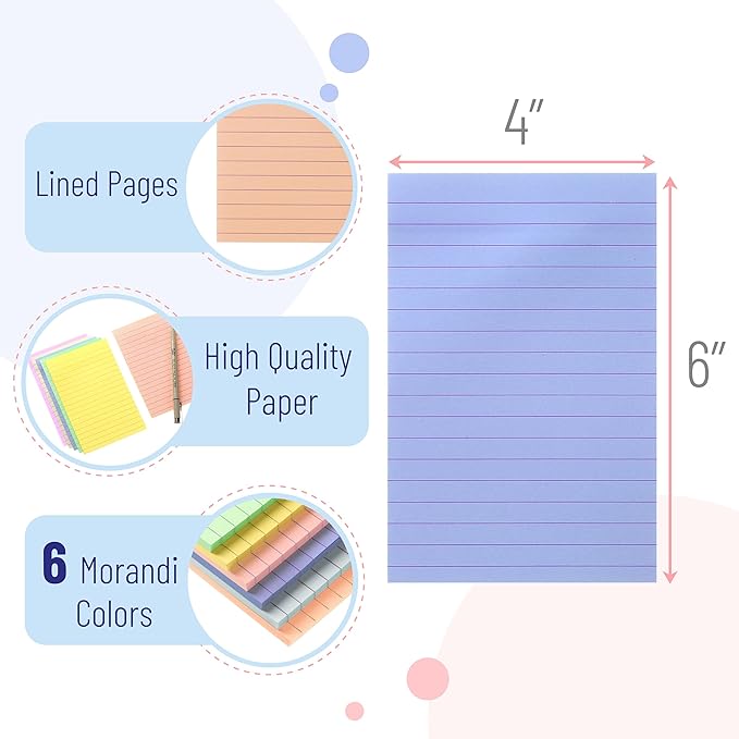 Mr. Pen- Lined Sticky Notes 4x6, 6 Pads, 45 Sheet/Pads, Morandi Colors, Sticky Notes with Lines