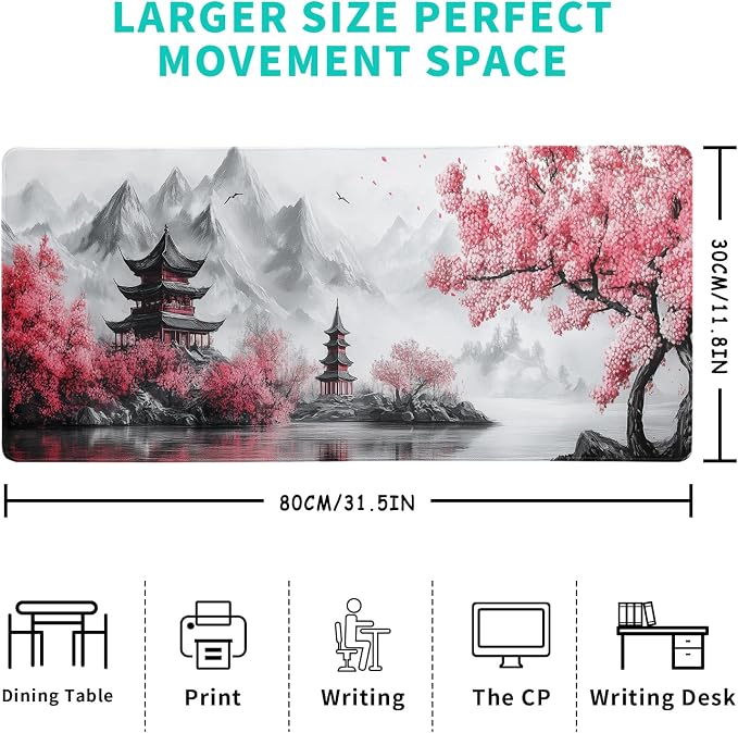 Retro Cherry Blossoms Mouse Pad 31.5x11.8 Inch White Full Desk Japanese Mousepad Extended Large Non-Slip Rubber Base Waterproof Big Keyboard Mat with Stitched Edges for Gaming and Office