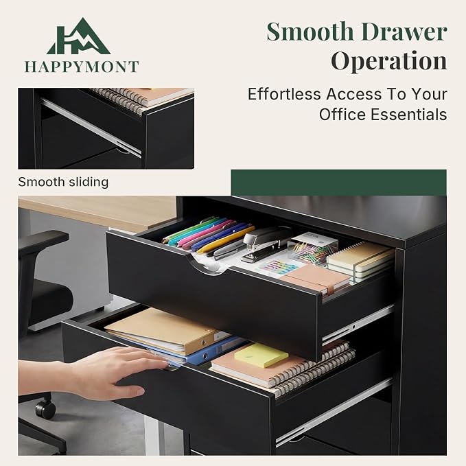 5 Drawers Mobile File Cabinet, Printer Stand Storage Cabinet | Under Desk Storage with Wheels, Vertical Filing Chest Rolling Wood Small Organizer for Home Office, Living Room, Dark Black