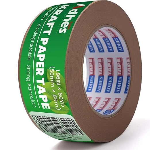 ADHES Kraft Paper Tape, 2 Inch x 60 Yards, Biodegradable Paper Packing Tape Writable & Uncoated Brown Shipping Tape for Shipping, Moving, Sealing