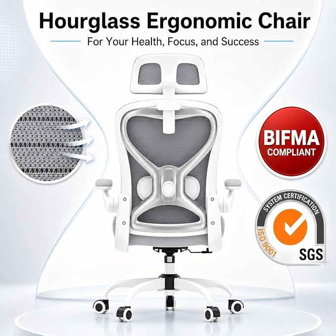Ergonomic Office Chair for Long Hours – Back & Neck Pain Relief, Virgin Foam Seat, 3D Adjustable Headrest, 2D Lumbar, Flip-Up Arms, Gray/Sliver