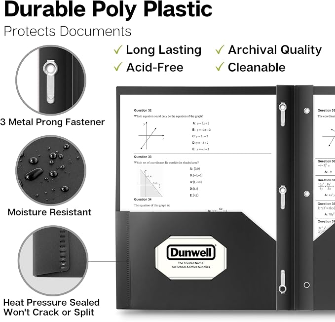 Dunwell Plastic 2-Pocket Folders with 3 Prongs, Black, 12 Pack, Poly | Durable Acid-Free Poly with Fasteners, Long-Term School & Office Use, Includes Labels