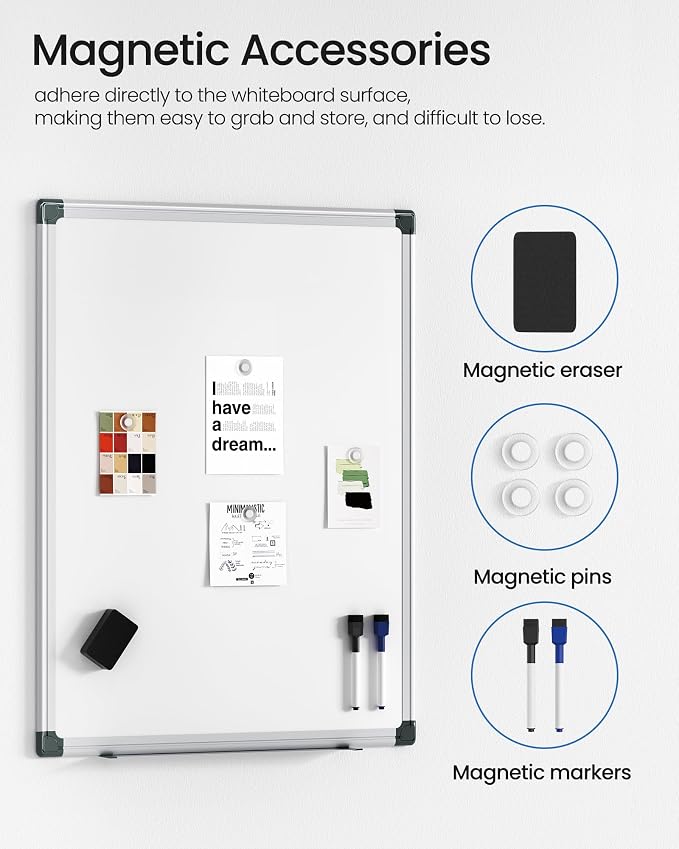VUSIGN Magnetic White Board Kit for Wall 24" x 18", 1 Dry Eraser & 2 Multicolor Markers & 4 Magnetic Pins, Sliver Reinforced Aluminum Frame for Home, School, Office
