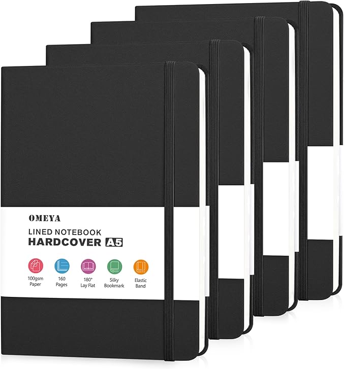 OMEYA 4 Pack Lined Journal Notebooks for Work, 100gsm Thick Paper, 5.7"x 8.3", College Ruled A5 Black Notebook Bulk, Leather Journal for Writing, Hardcover Notebooks for School, Office, Journal for Men