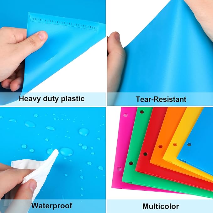 6 Pack Colored Folders with Pockets 3 Hole Punched, Plastic, Binder Folders | Heavy Duty 2 Pocket, with Business Card Holder, Office Blinder Folder, for Documents, Filing Cabinet, Report, School