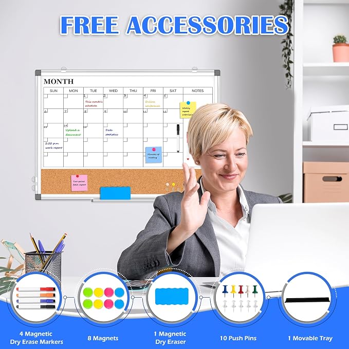 Dry Erase Calendar Whiteboard for Wall, 36" x 24" Monthly Cork White Board | Double-Sided Magnetic, Calendar Cork Whiteboard Combo, Aluminium Frame, Bulletin Portable Board, Home Office School