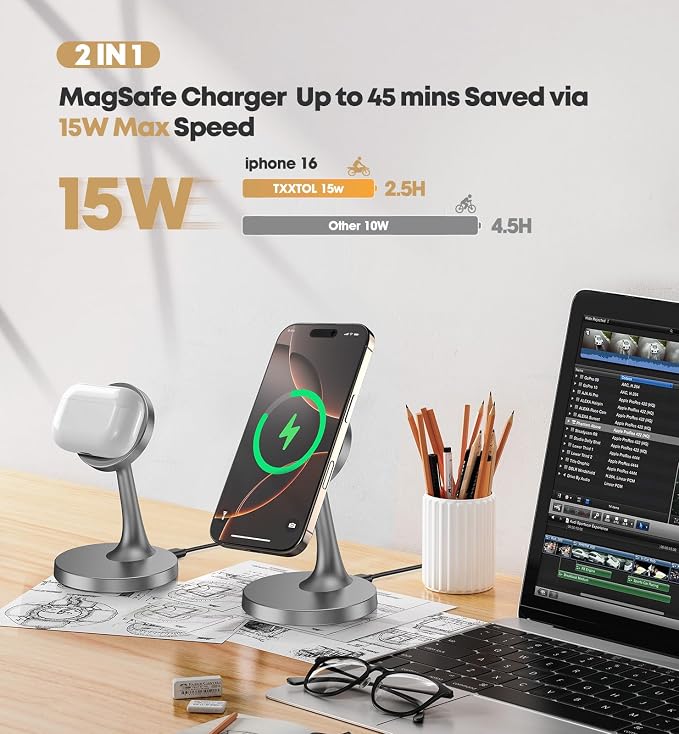 TXXTOL Magnetic Wireless Charger iPhone Stand, 15W Fast Mag-Safe Charger iPhone 17/17 Air/17 Pro/17 Pro Max 16/15/14/13/12 Series Magnet Wireless Charging Station/Pad/AirPods for Home, Office, Travel
