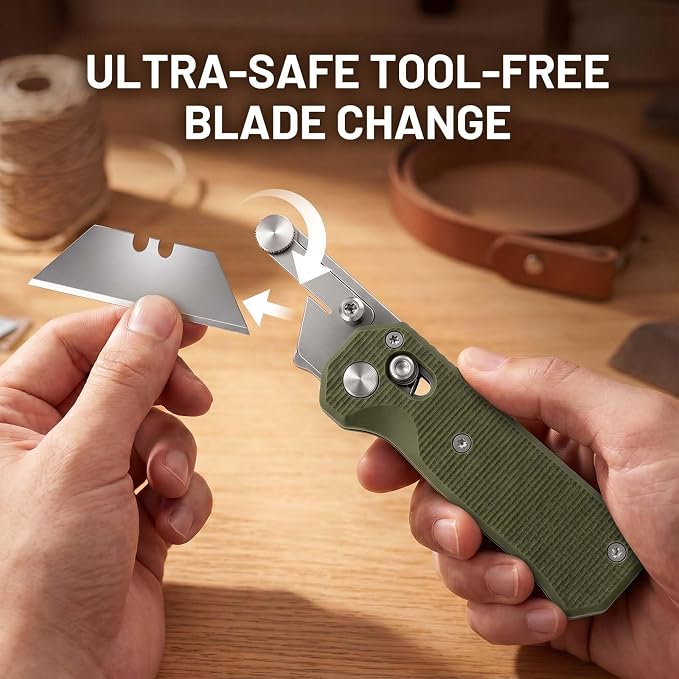 Folding Utility Knife, Pocket Knife, Box cutter Knife with Pocket & Rail Lock, Durable Razor Knife for Home Office Warehouse Everyday Carry, Gift for Men Women（Green）