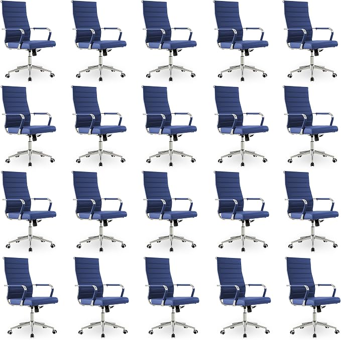 Okeysen Office Desk Chair, Ergonomic Leather Modern Conference Room Chairs, Executive Ribbed Height Adjustable Swivel Rolling Chair for Home Office Set of 20. (Blue)