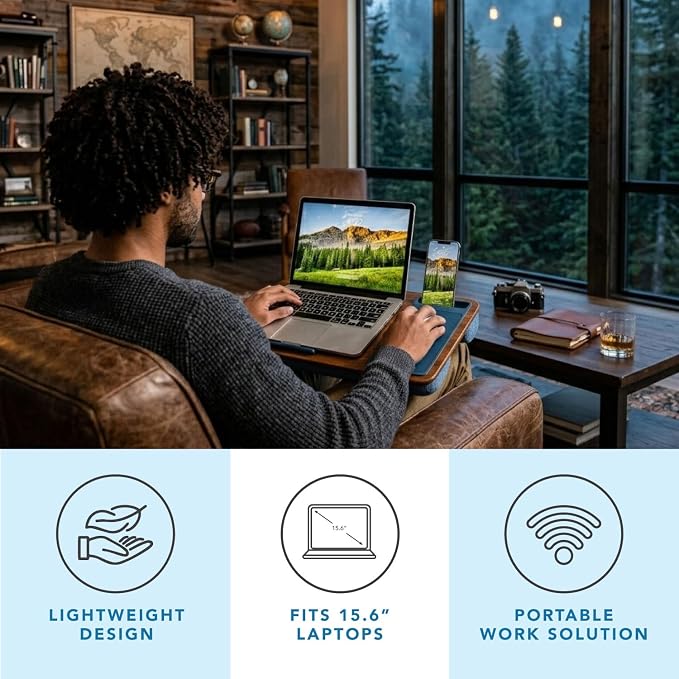 LAPGEAR Home Office Lap Desk – Espresso Blue, Fits 15.6” Laptops | Built-In Mouse Pad & Phone Slot, Integrated Device Ledge, Dual-Bolster Microbead Cushion, Carry Handle