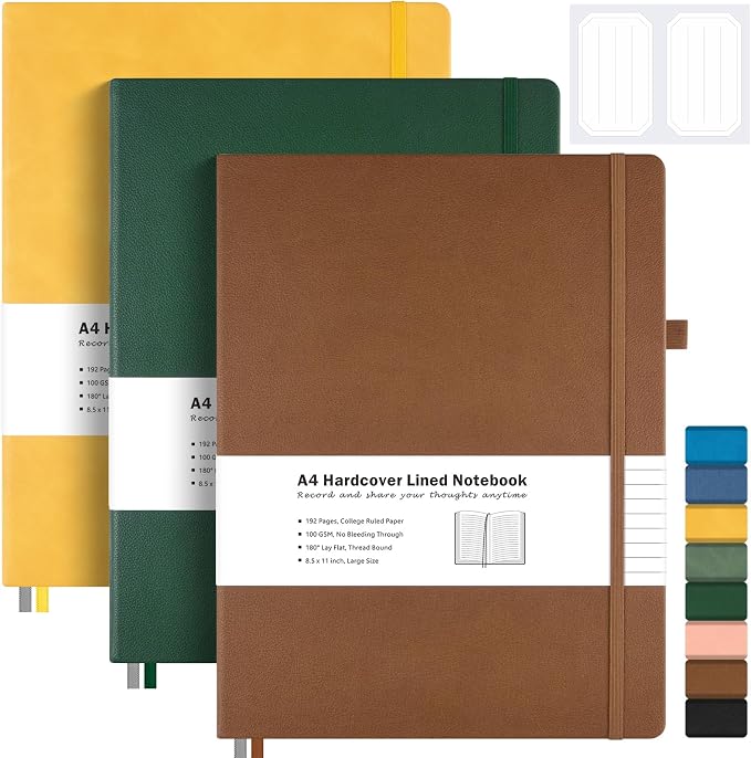 College Ruled Notebook, Large A4 Hardcover Leather Journal for Women Men | 3 Pack Lined Journal Notebook for Work School, No Bleed Thick Paper, Lay Flat, 8.5" x 11", Professional Business Notebook
