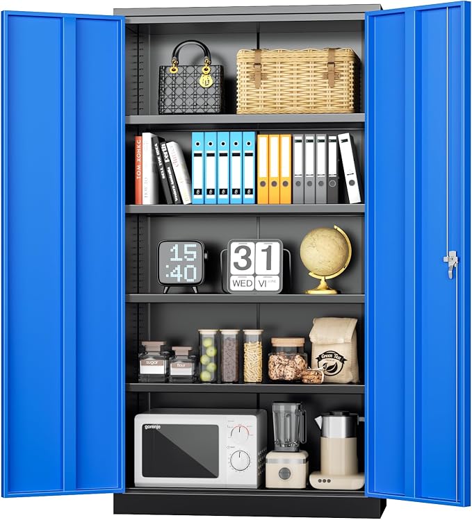 Metal Storage Cabinet with Lock, 72" H Garage Cabinets with Doors and Adjustable Shelves, Lockable Metal Cabinets for Garage, Home, Office(Black-Blue)