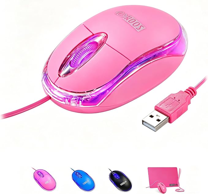 SOON GO Pink Mouse,Computer Mouse,with 1.5m Pink USB Cable - Compatible with Windows, Linux, Mac, Laptop, PC & Desktop - Ideal for Office, Home, Business, School, Kids & Women