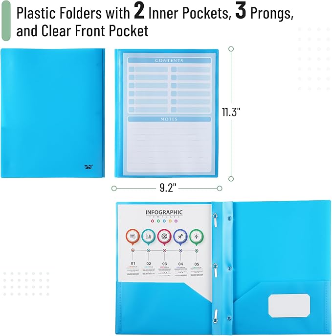 Mr. Pen- Plastic Folders with Pockets and Prongs, 24 Pack, Letter Size, Blue, Flexible Plastic Folders with Prongs, Clear Front Pocket and Card Slot