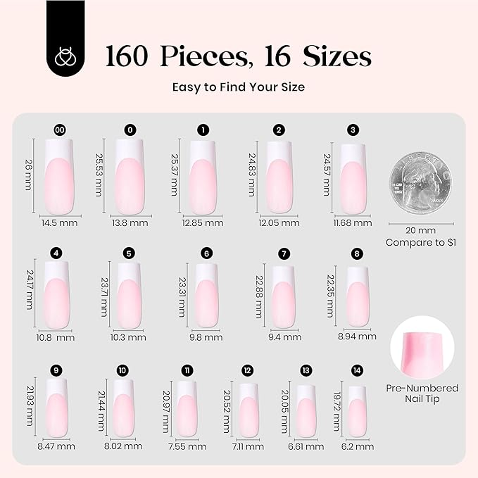Beetles X Press Plus French Tip Nails - Candy French | Pink Long Square Press On Nails | 16 Sizes 160 Pcs Natural Salon Quality Gel Nail Tips