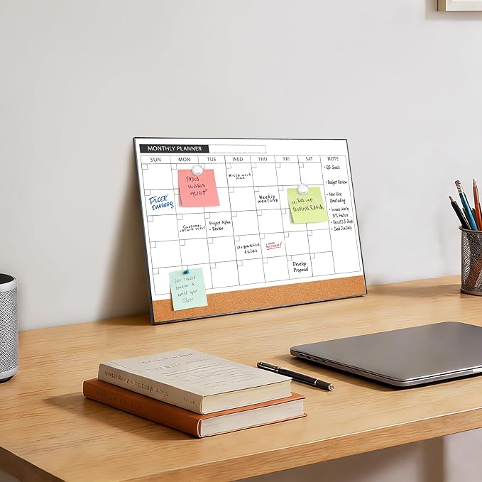Dry Erase Calendar with Cork Board for Wall | 11.6"x 15.7" Magnetic Calendar Whiteboard with Black Frame, Monthly Combination Board for School, Home, Office