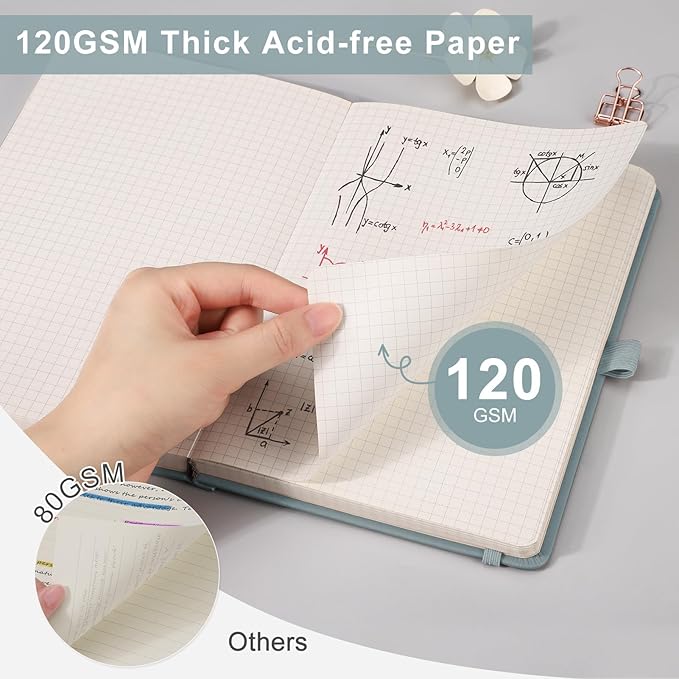 EMSHOI Graph Paper Notebook, 256 Pages 120 GSM Thick Paper, A5 Small 5.75"x8.38", PU Leather Hardcover Journal, 5mm Grid Notebook for Work School Math Engineering Writing Graphing, Khaki