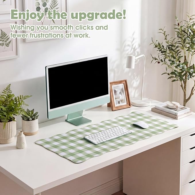 1 Pcs Scalloped Green Gingham Desk Mat 31.5 x 11.8 Inch Large Cute Mouse Pad Computer Mat Non Slip Waterproof Rubber Base with Border Stitching Soft Keyboard Pad for Home Office Gaming Makeup